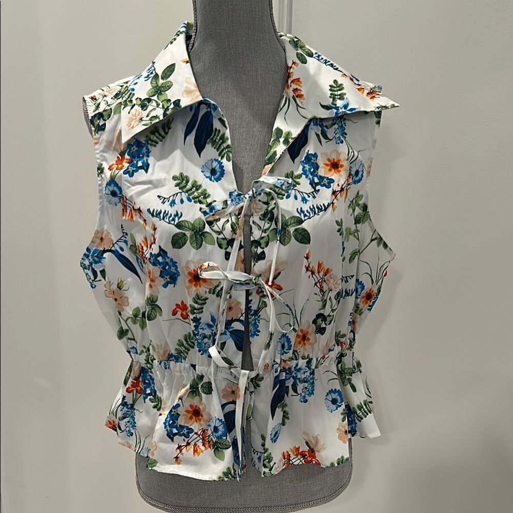 Marc New York Blue and Orange Sleeveless Blouse with Tie Front